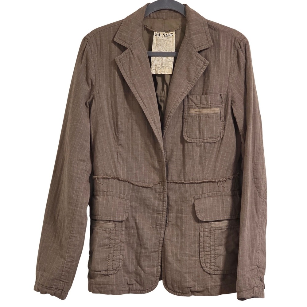 DA-NANG Brown Pinstripe Cotton Blazer Jacket Utility Pockets Collared